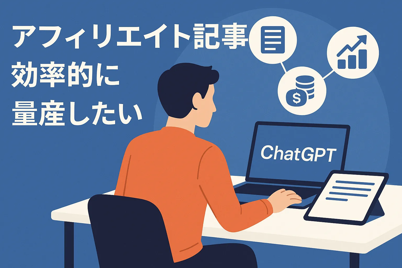 ChatGPTでアフィリエイト記事を効率的に量産したいと考える人を描いた横長アイキャッチ画像（PC操作中の男性と記事・成長グラフ・収益アイコン付き）